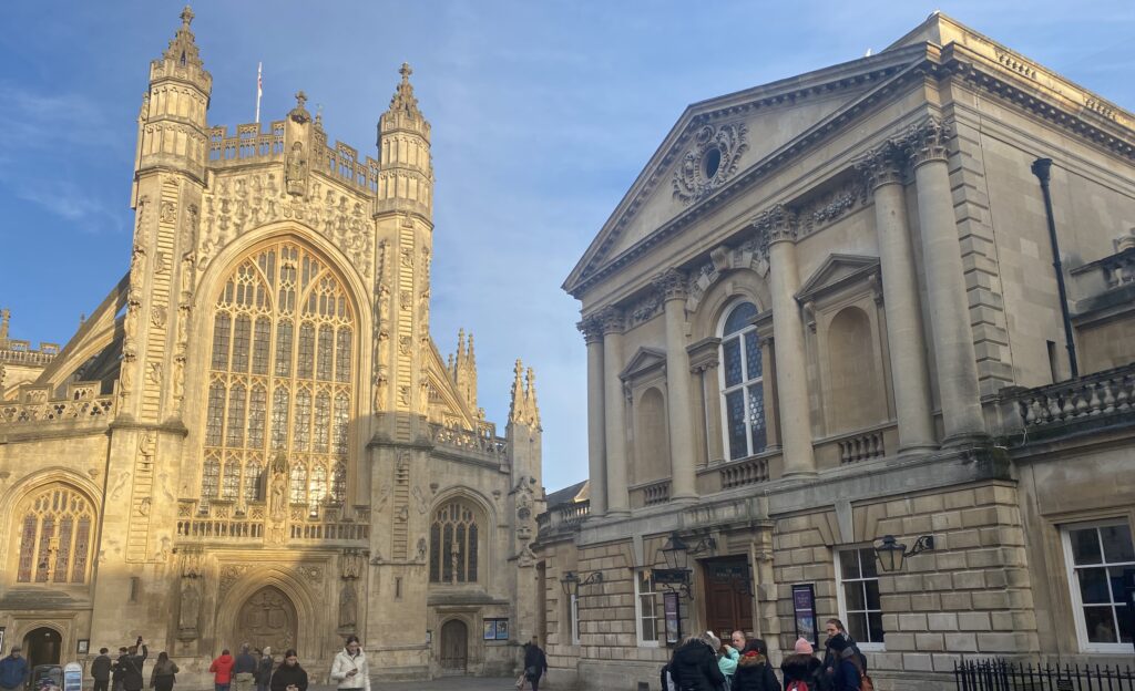 Bath Abbey and the Roman Baths in Bath, UK