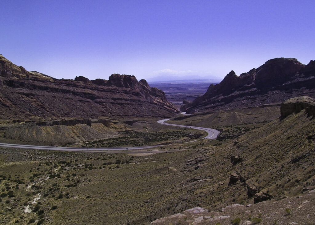 Interstate 70 winding through the mesas in eastern Utah.