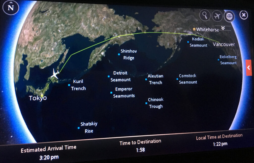 An airline map showing the route we were taking from Vancouver, BC to Tokyo, Japan.