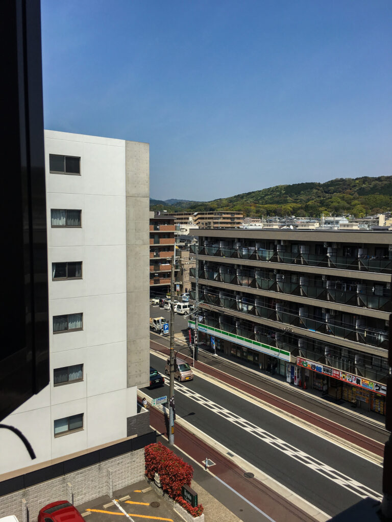 View from a hotel room in Kyoto, Japan, of the street below.
