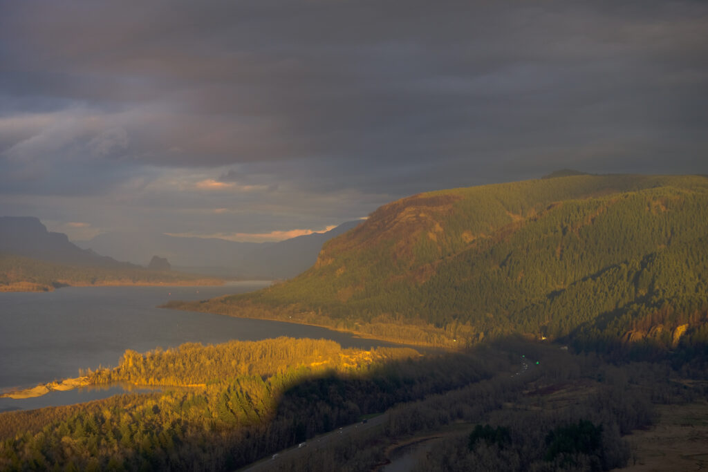Sunset in the Columbia Gorge, looking east.