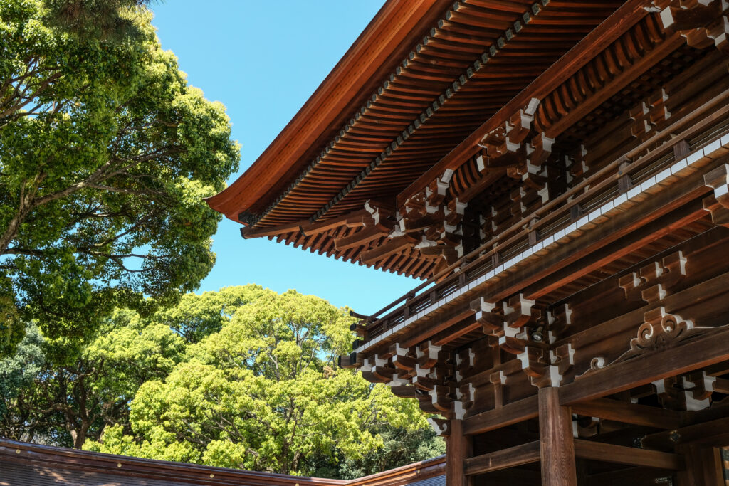 Detailed woodwork and framing at the shrine in the Meiji Jingu, Tokyo.