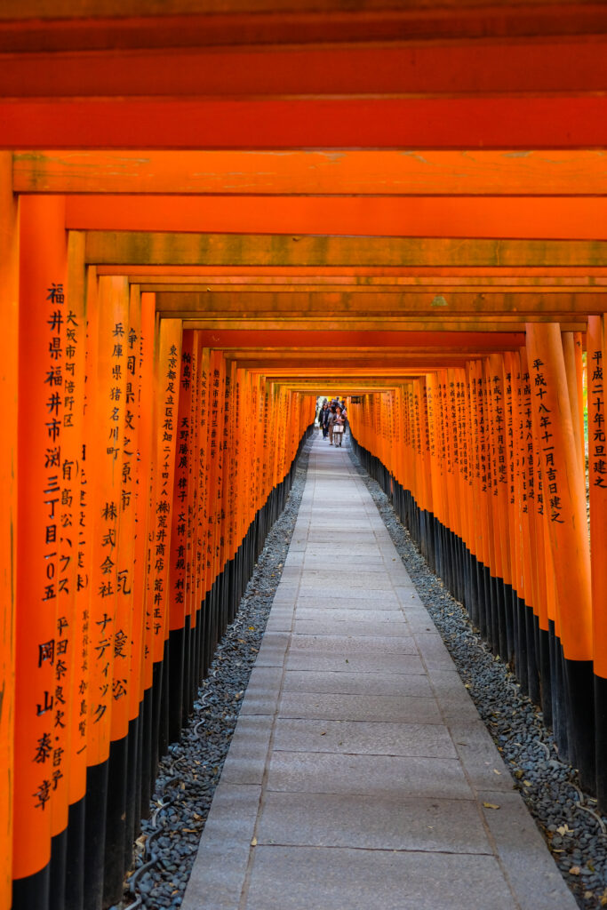 A stone path leading up Mt. Inari, lined by hundreds of orange torii.
