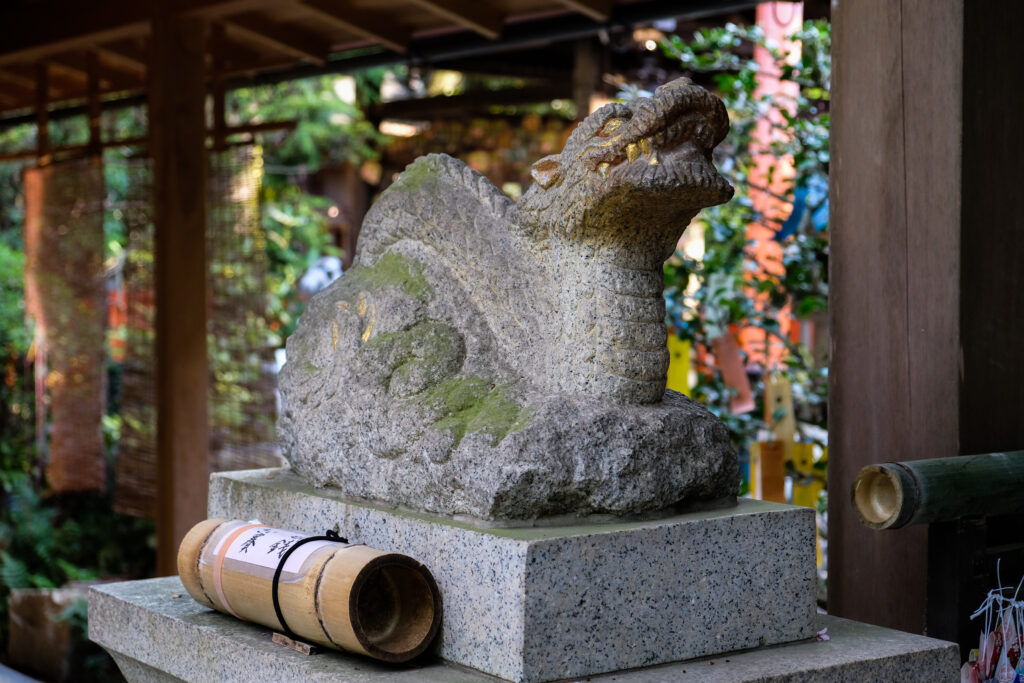 A serpent-like dragon sculpture at a shrine on Mt. Inari, Kyoto.
