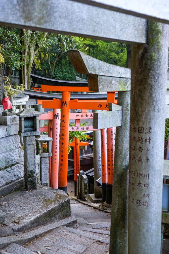 Stone stares straddled by torii leading to another grave area, fox statues looking on.