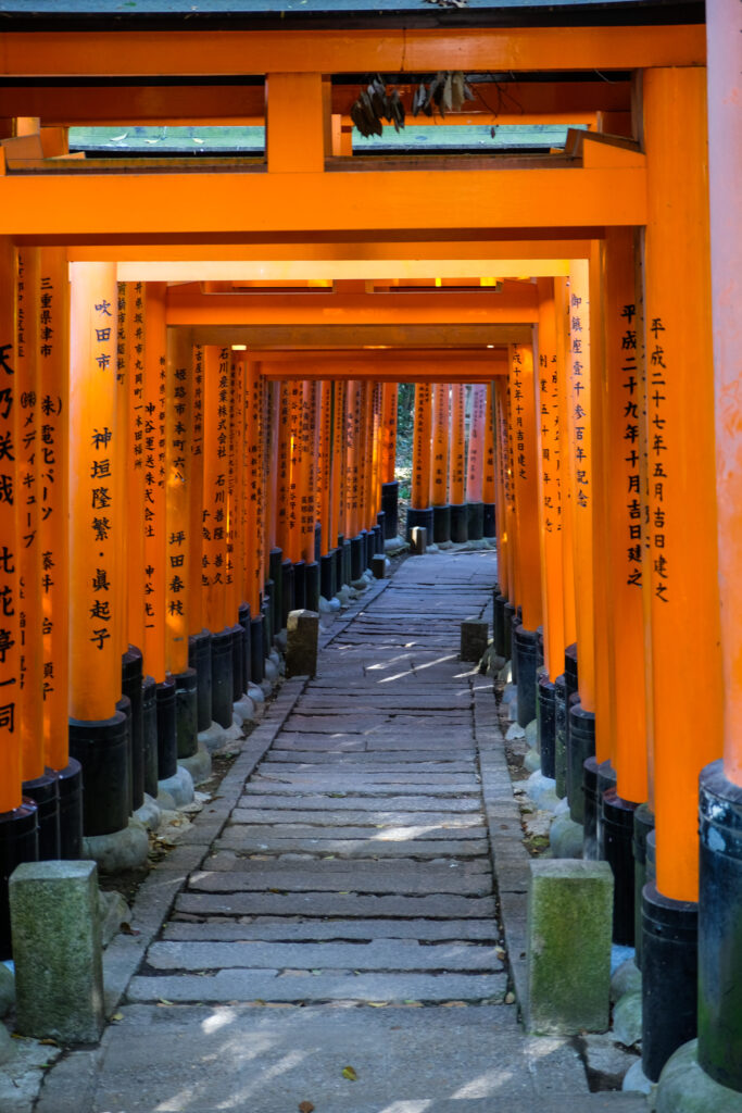 Following the stone path with many orange torii arching over the path.
