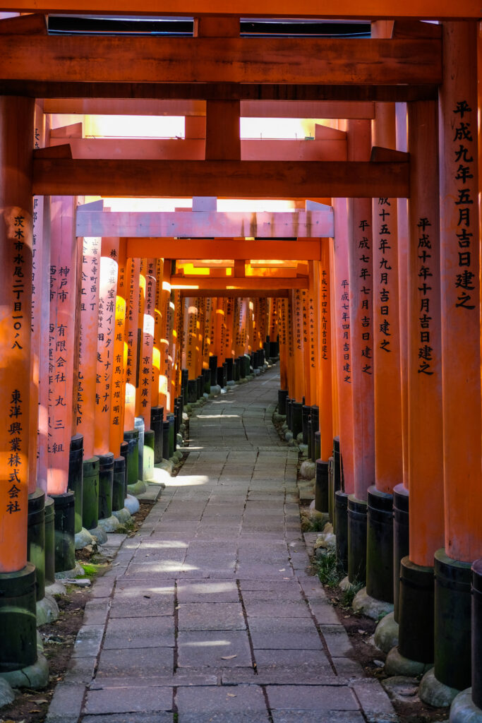 Empty stone path through many torii gates.