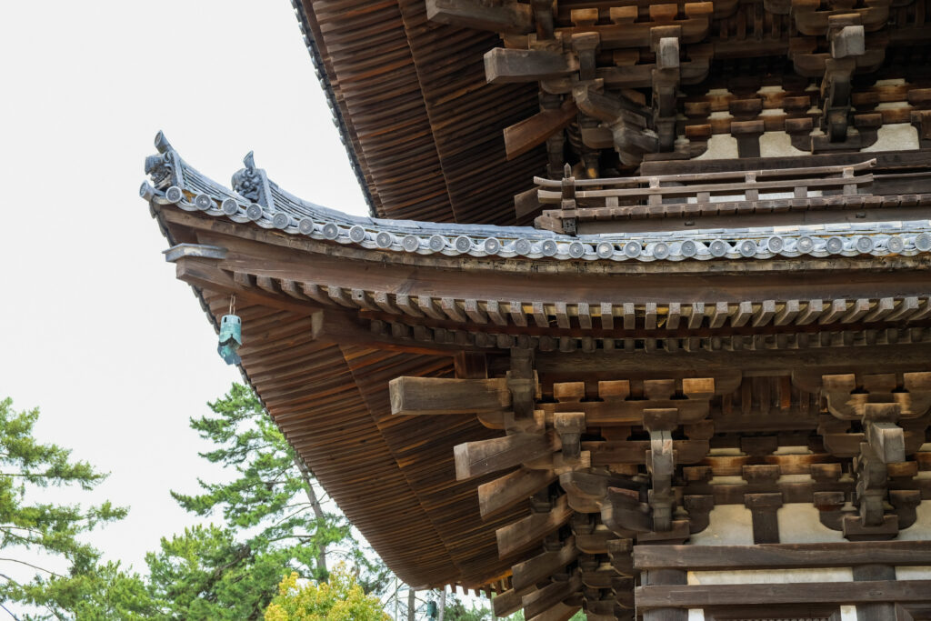 Wooden eaves making up the first roof of a pagoda, in Nara.