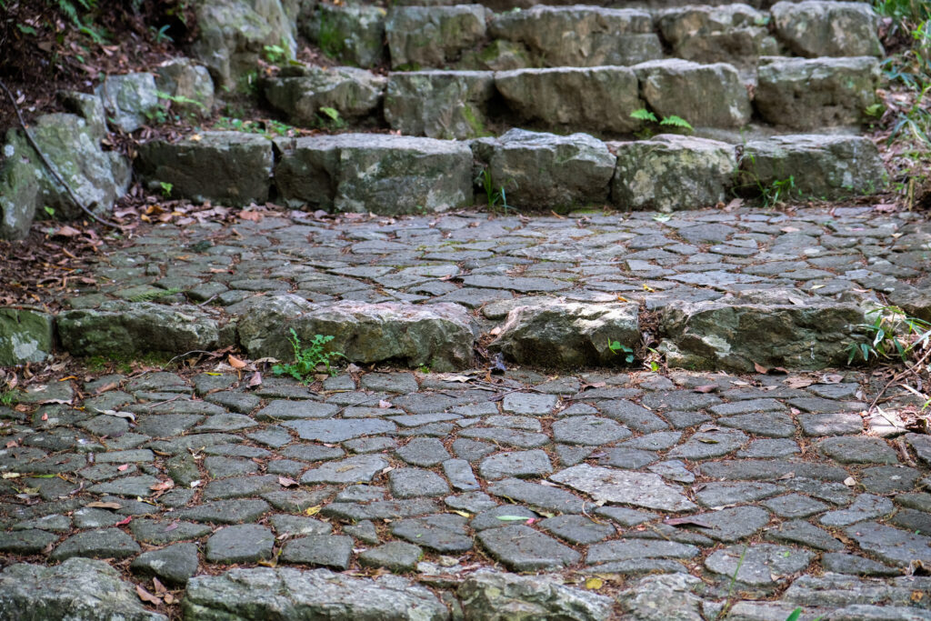 Cobbled stone steps, with the marker for each step being larger stones.