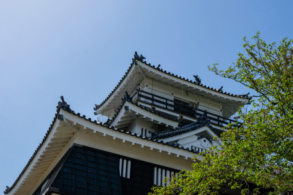 A view from below looking up at the keep of Hamamatsu Castle.