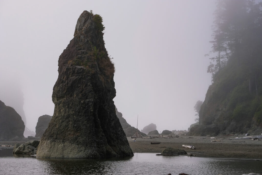 A cone-like rock outcropping on the western coast of the Olympic peninsula, Washington.