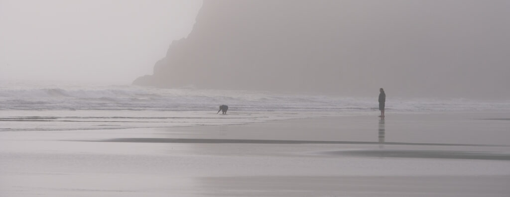 Two figures in the mists on the western coast of the Olympic peninsula in Washington.
