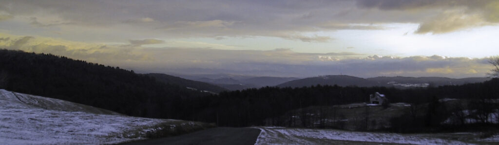 Winter sunset on Jericho Hill, in Vermont, looking southeast into the Upper Valley.