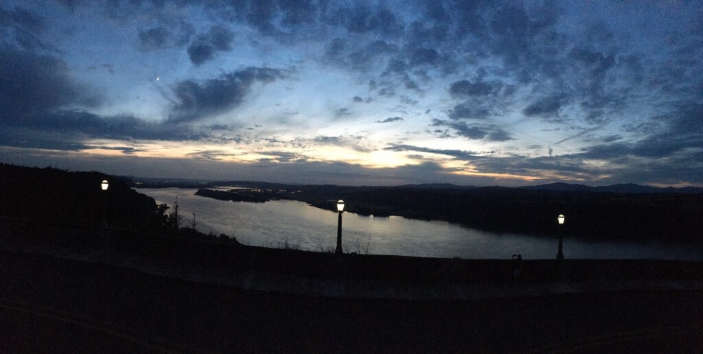 Post-sunset picture of the Columbia Gorge taken from Vista House in Oregon.